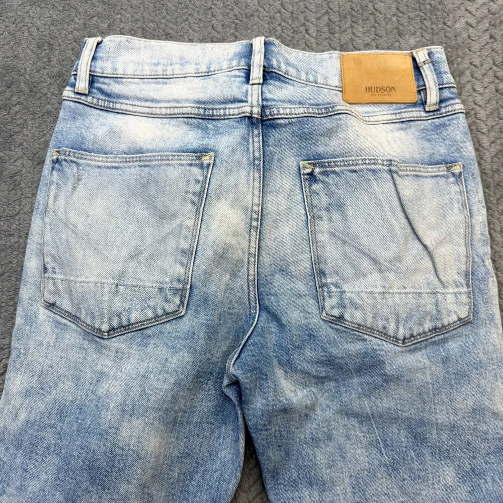 Hudson Jeans Mens 32x28 Distressed Light Wash Blue Denim Button Fly Raw Hem Moto